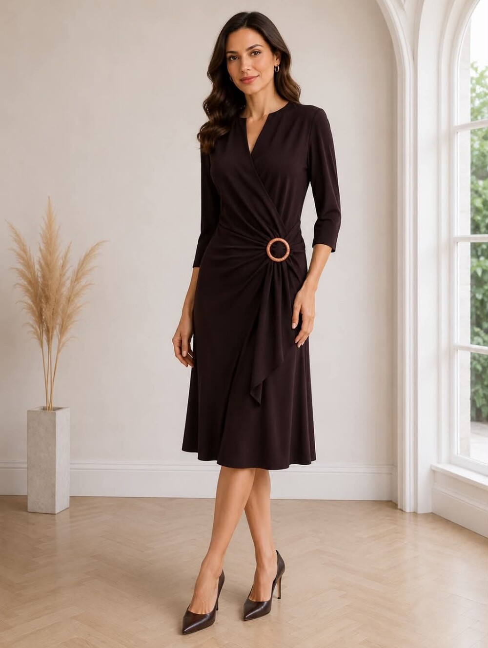 Laundry By Shelli Segal Elegant Black Midi Dress with Copper Ring